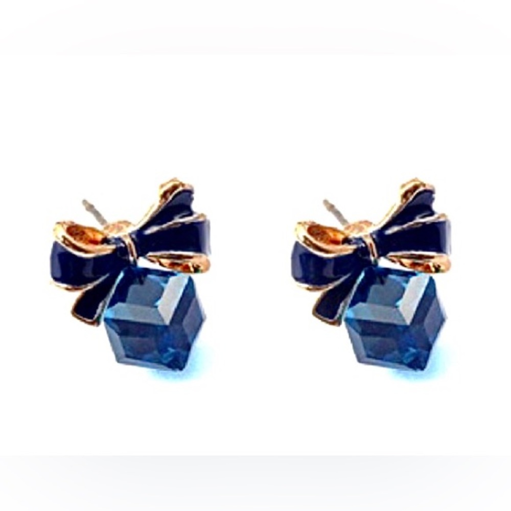Sapphire Blue Crystal Cube Black Enamel Bow Knot Post Dangle Earrings Christmas